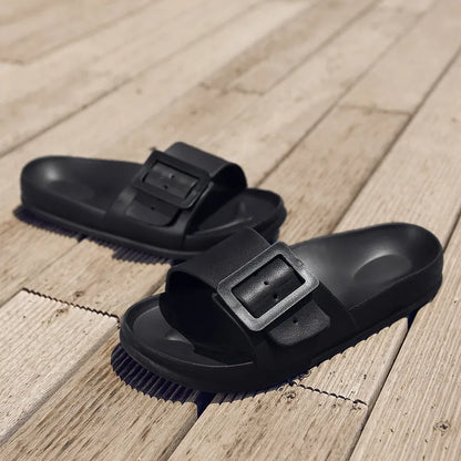 Women's grey blue flip-flop slippers with adjustable buckle and 1.5cm EVA sole