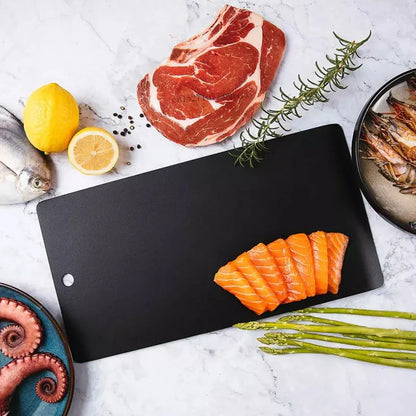 Black aluminum steak thaw board for efficient defrosting, measuring 380x200x16mm