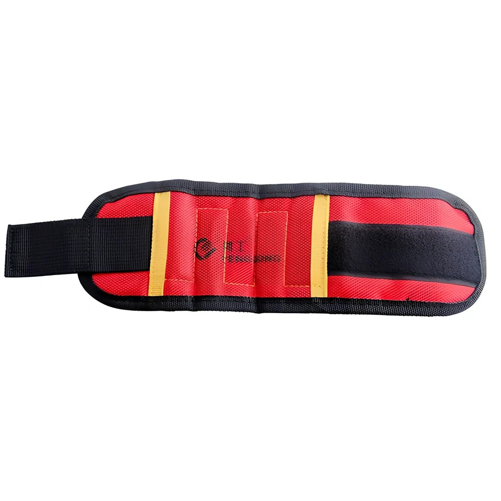 Adjustable magnetic wristband with five embedded magnets on 1680D Oxford cloth, showing tool holding capability