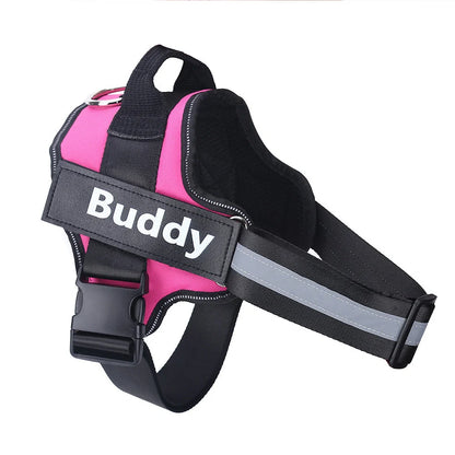 Personalised dog harness with reflective straps and adjustable chest fitting showing no-pull design