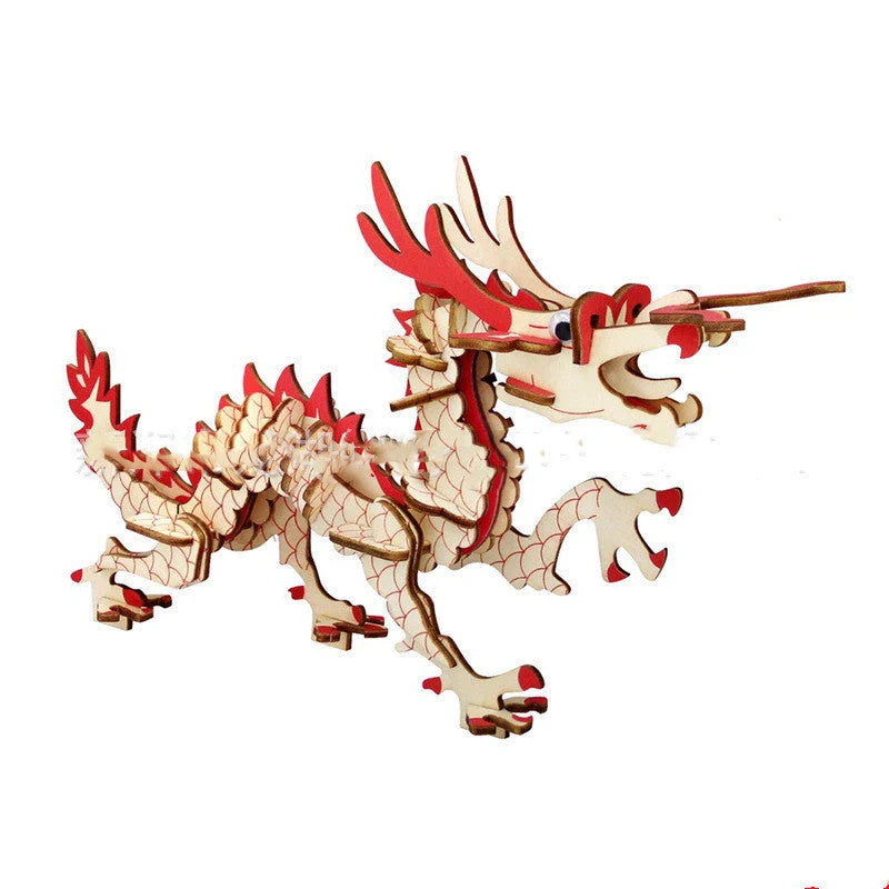 A 3D wooden puzzle model of a dinosaur with various color options