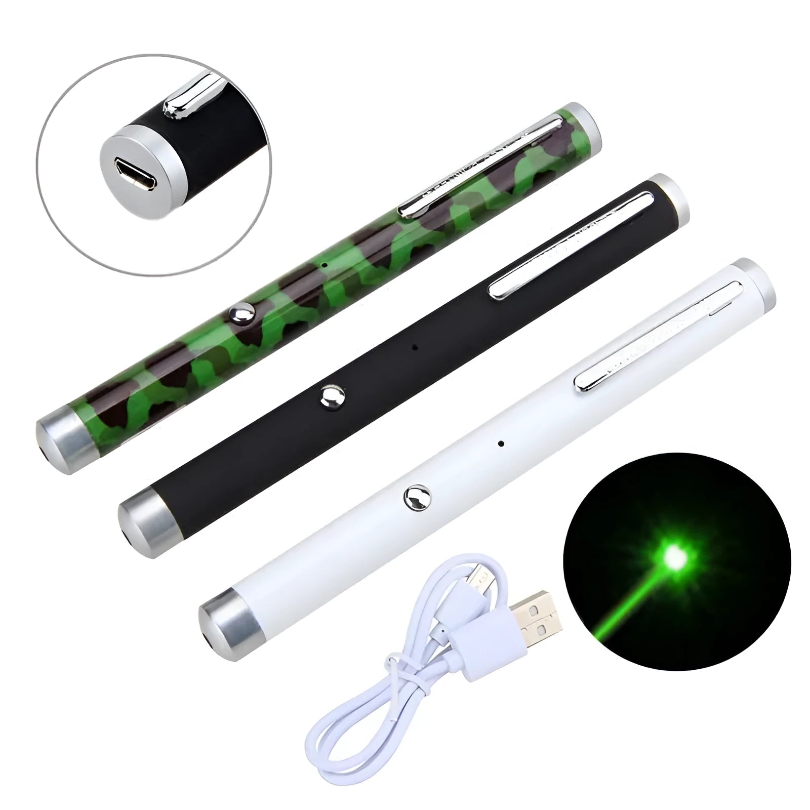 Set of three 5mw green laser pointer pens in black, camouflage, and white colours on a desk.
