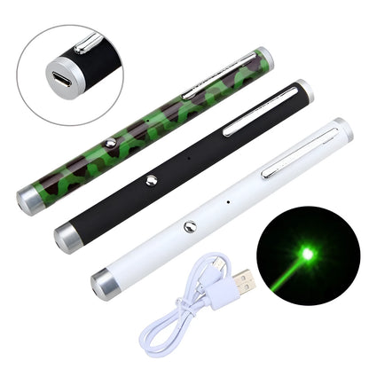 Set of three 5mw green laser pointer pens in black, camouflage, and white colours on a desk.