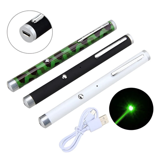 Set of three 5mw green laser pointer pens in black, camouflage, and white colours on a desk.