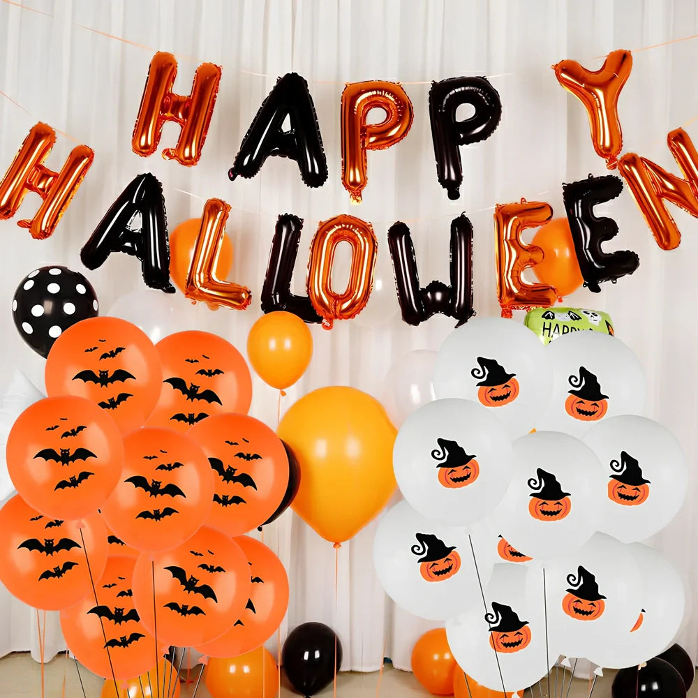 Halloween balloon decoration set with 10 printed latex balloons showing ghost and skeleton designs