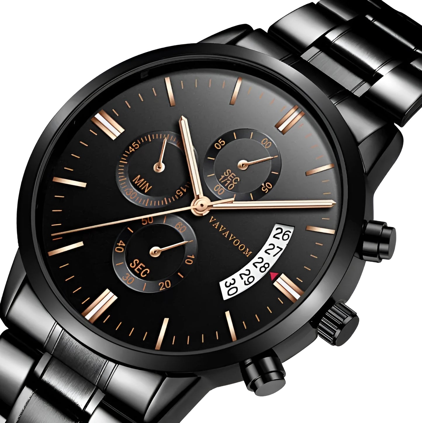Men's stainless steel quartz watch with black dial and calendar display showing 43mm diameter case