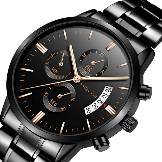 Men's stainless steel quartz watch with black dial and calendar display showing 43mm diameter case