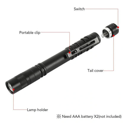 Aluminum LED Flashlight with pen clip, waterproof and lightweight for outdoor use
