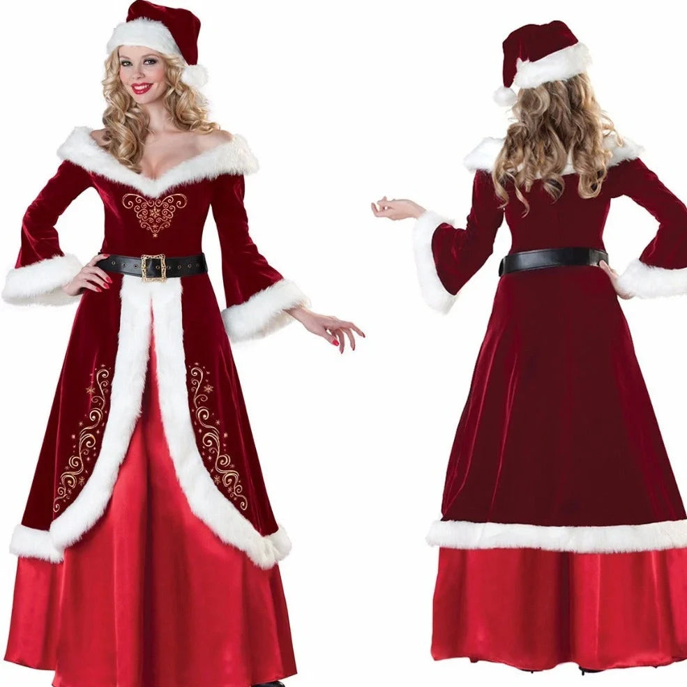 Red Christmas dress with princess and Santa Claus styling options, showing size range from bust 80cm to 104cm