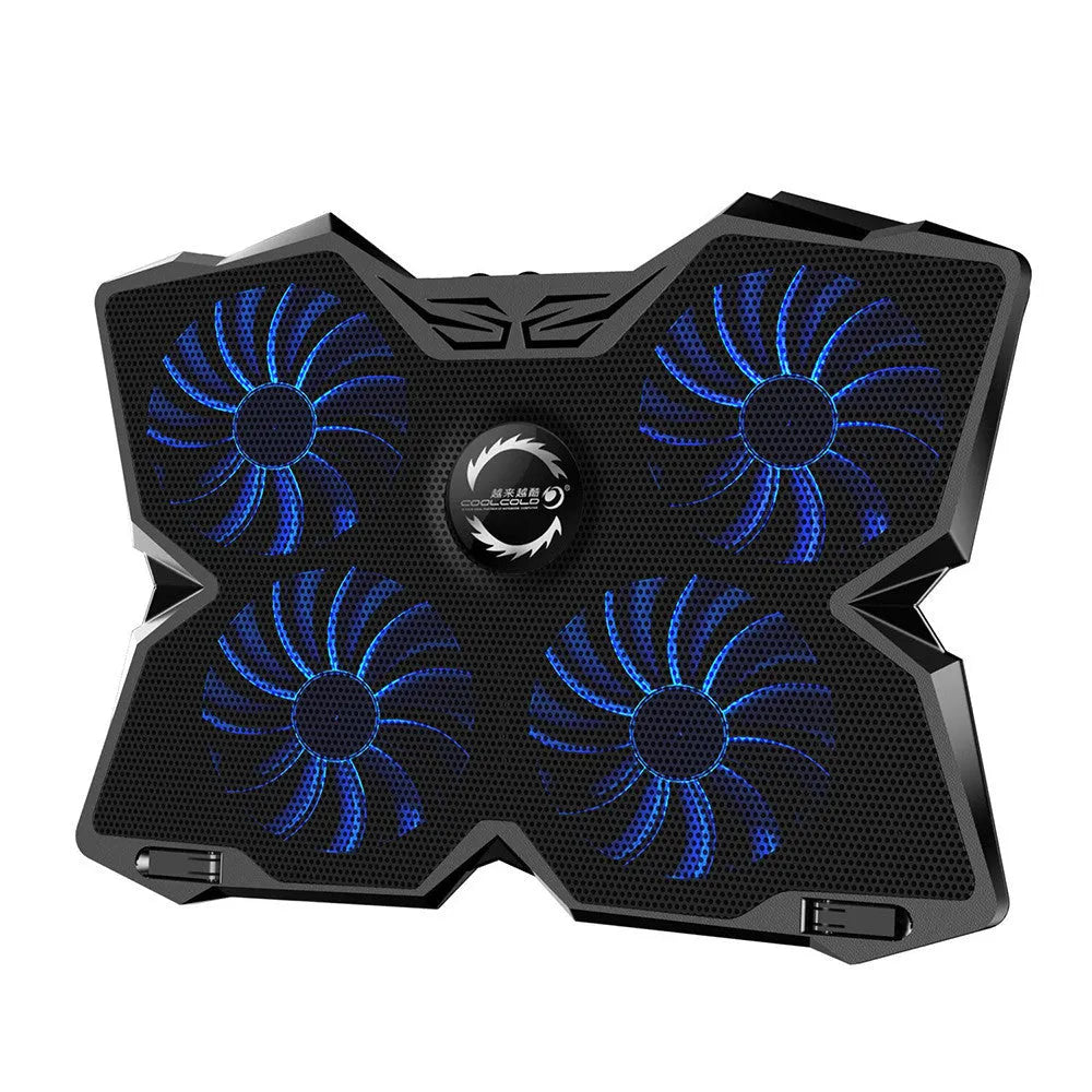 Blue laptop cooling base with four illuminated fans and USB ports for computer heat dissipation