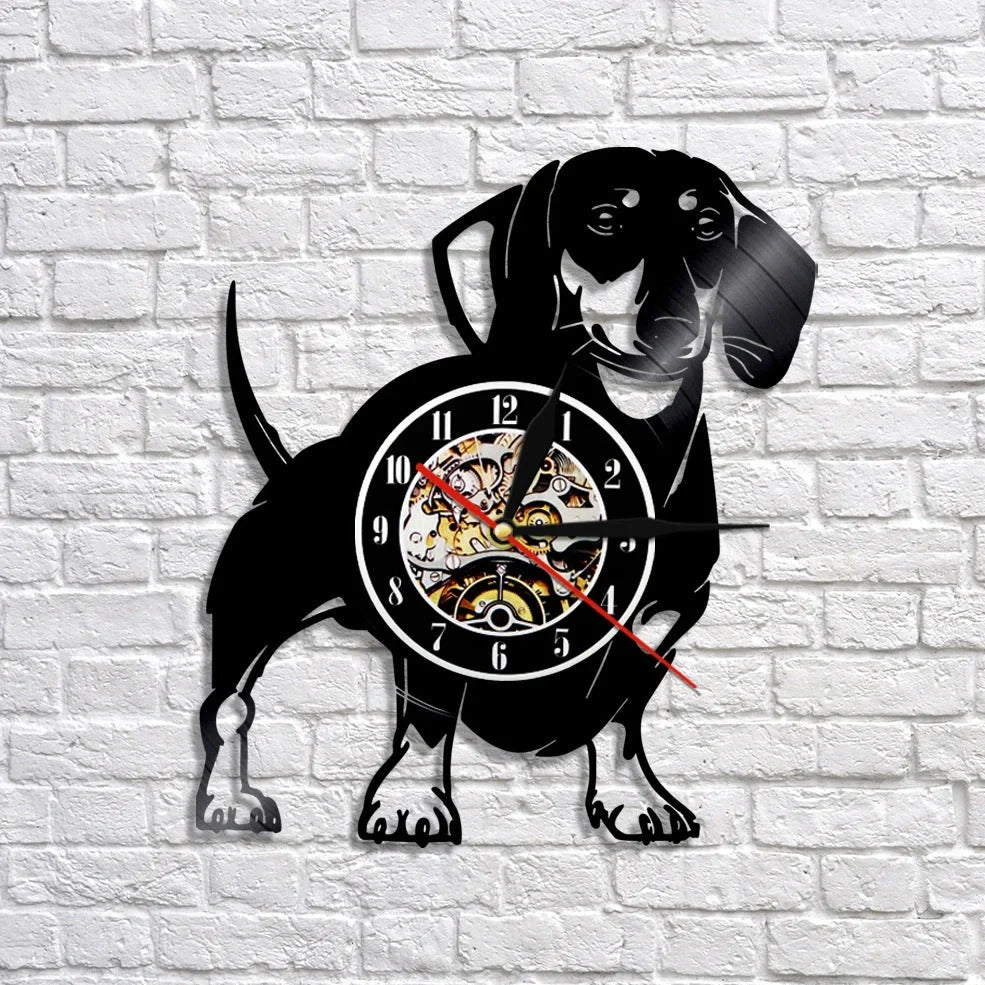 30cm vinyl record wall clock with dog breed designs, silent quartz movement, and pre-installed hook