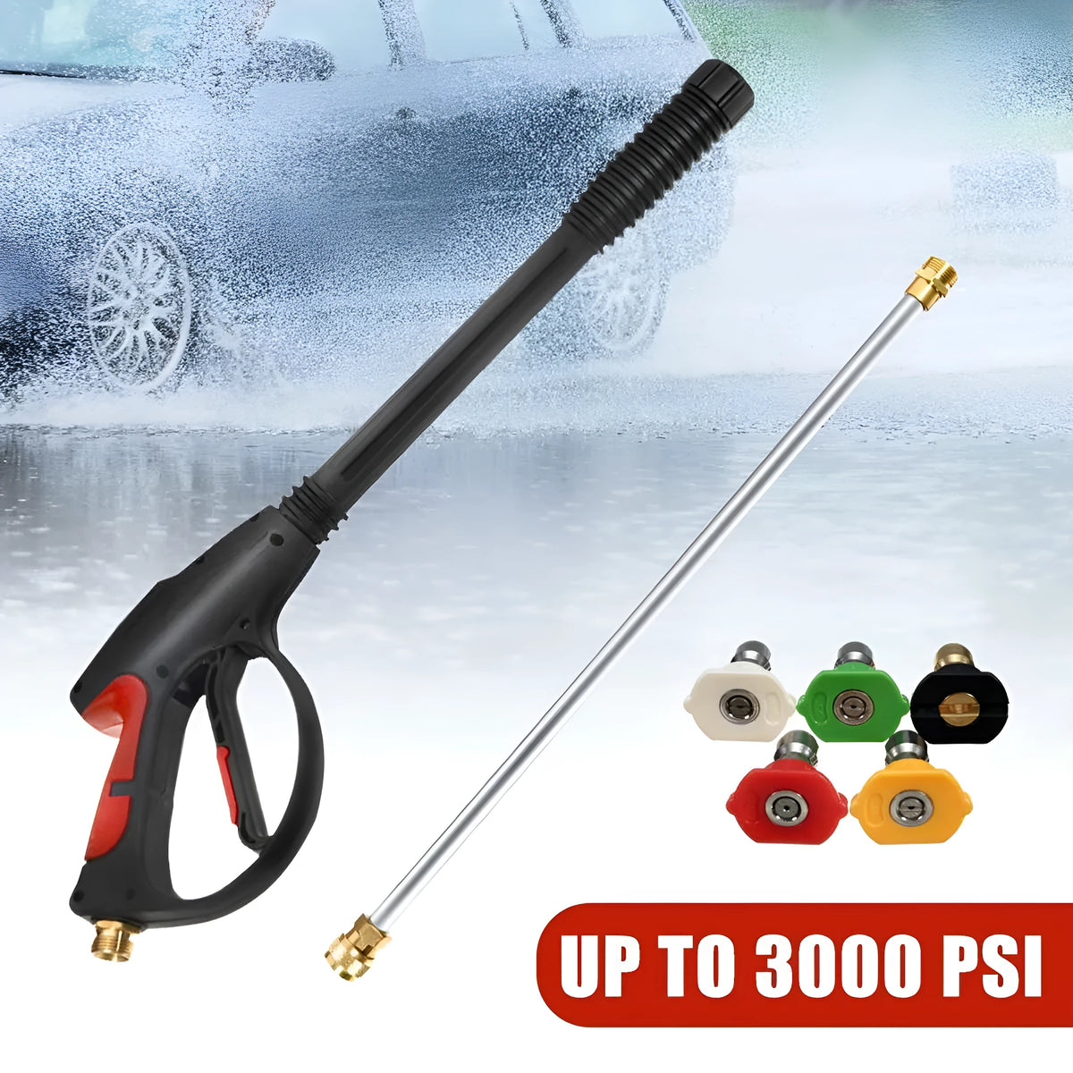 Black M22 lengthened pressure washer gun with engineering plastic body, all-copper head, extension rod, and 5-colour nozzle.