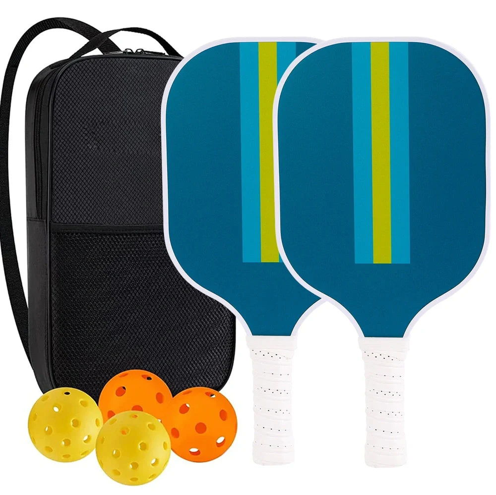 Peak Racket fibreglass squash set showing two rackets and four balls for complete playing equipment