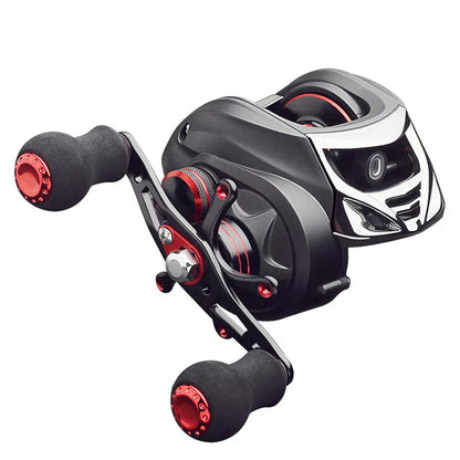 Black magnetic brake fishing reel for precise casting in diverse environments