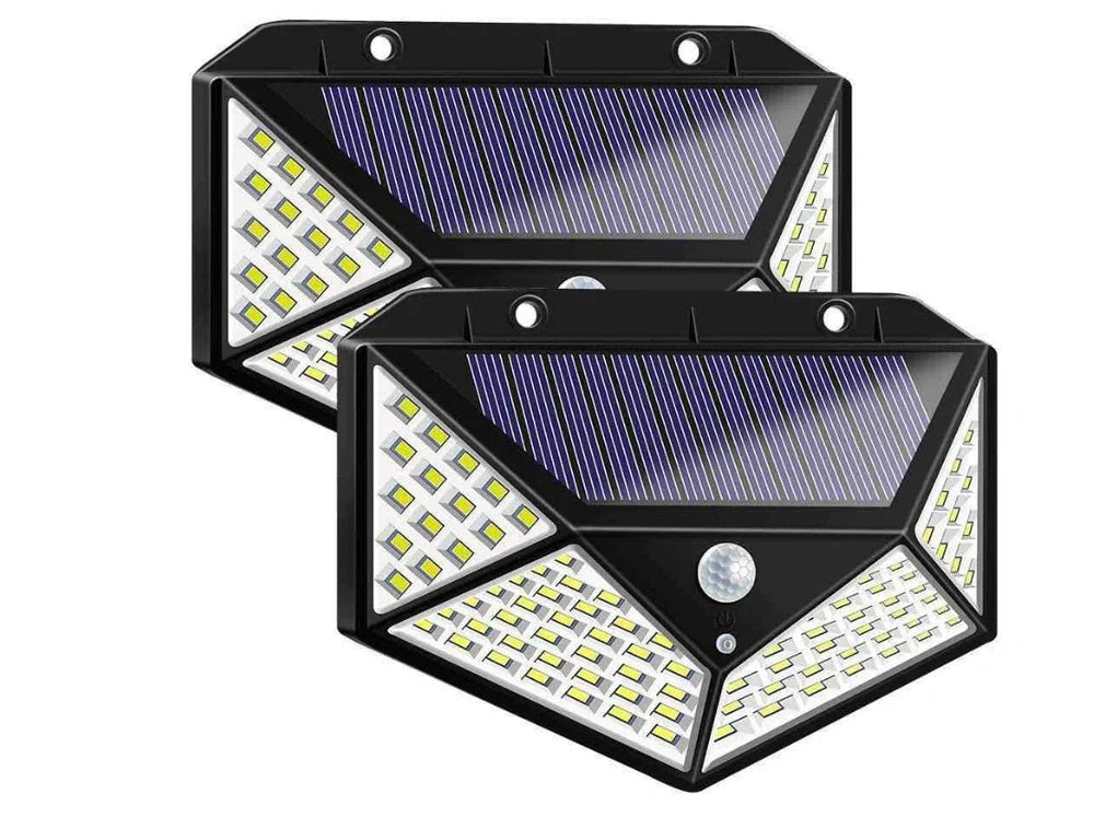 Solar-powered motion sensor wall lamp with 100 LED lights for outdoor courtyard illumination