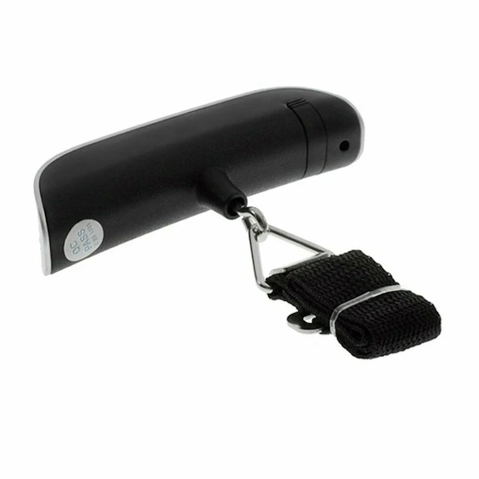 Black T-shaped electronic scales with backlit LCD display showing weight measurement