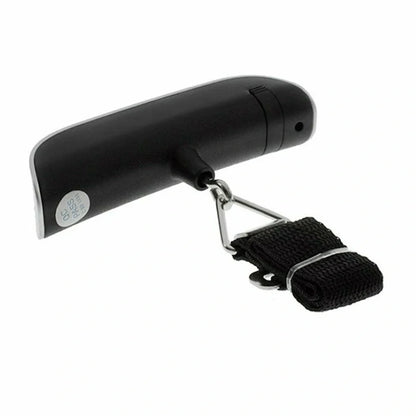 Black T-shaped electronic scales with backlit LCD display showing weight measurement