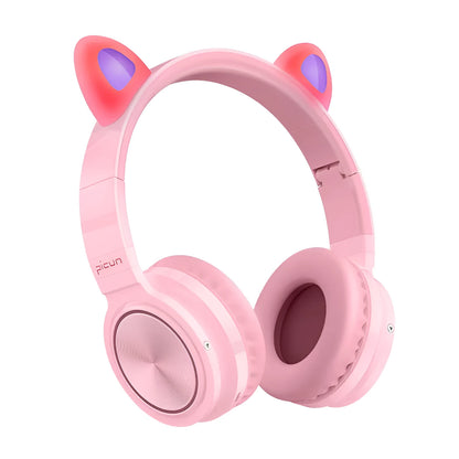 Pink and white wireless Bluetooth headset with 40mm speakers and braided cable