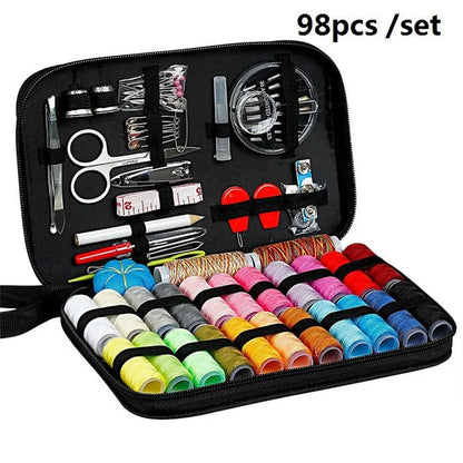 Compact Home Sewing Kit with 98 accessories including needles, pins, and scissors