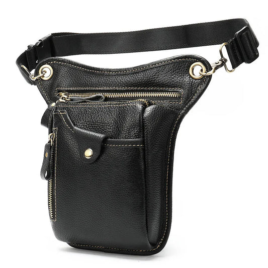 Brown crazy horse leather satchel bag with adjustable shoulder strap showing brass hardware and flap closure