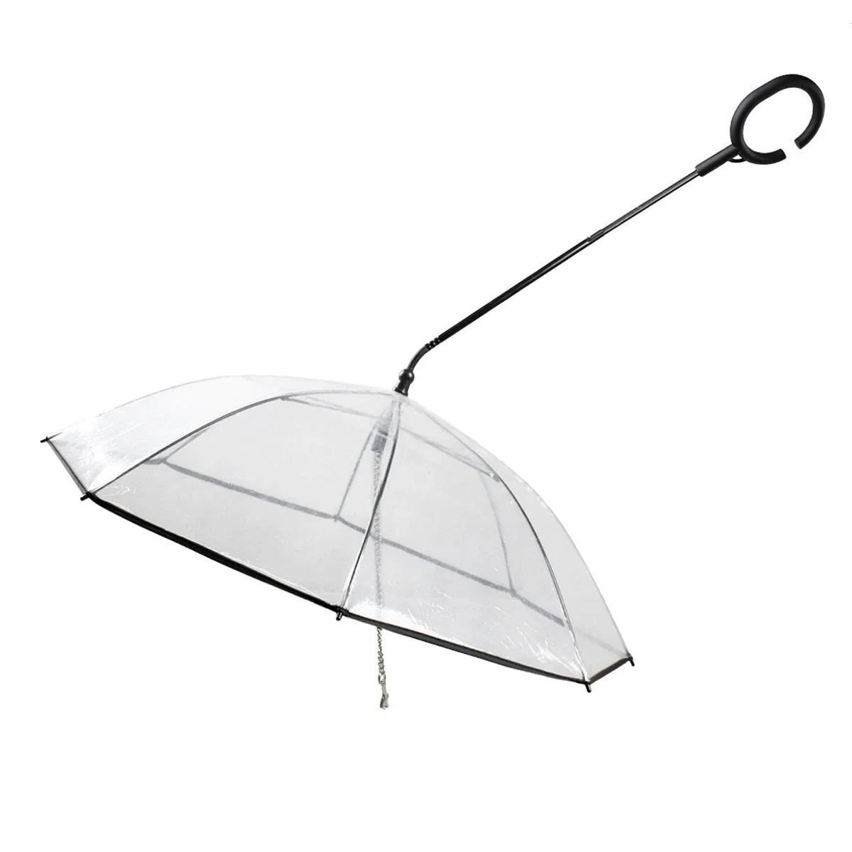 Adjustable transparent pet umbrella with C-shaped handle and retractable middle bar for customized rain protection