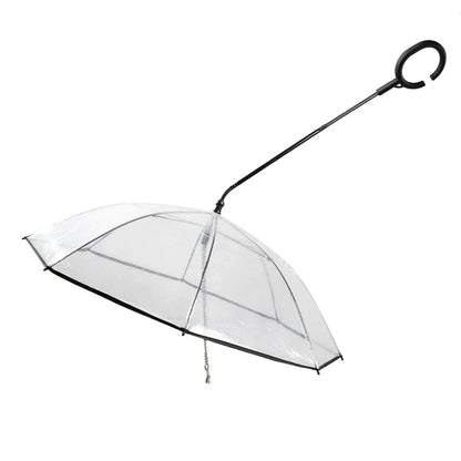 Adjustable transparent pet umbrella with C-shaped handle and retractable middle bar for customized rain protection