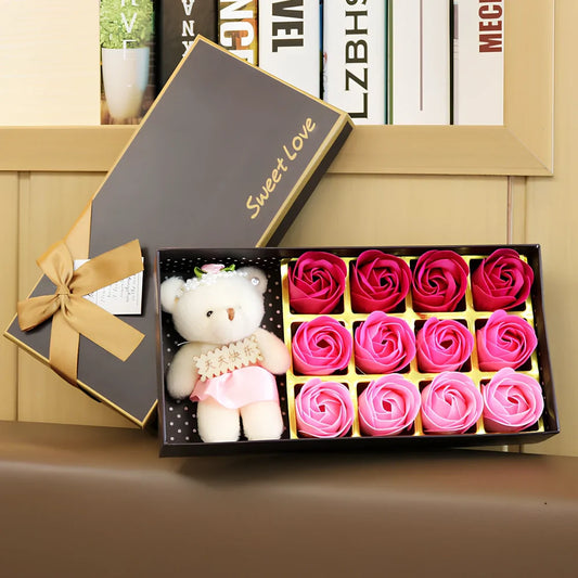 Handmade bouquet of 18 pink gradient rose soap flowers with smooth petals for hand cleansing and decoration