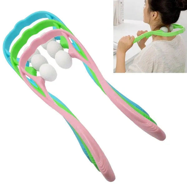 Plastic swan-shaped neck massager in pink, blue, or green with adjustable width and 3D floating-point rollers