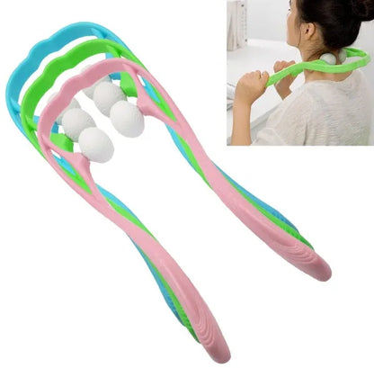 Plastic swan-shaped neck massager in pink, blue, or green with adjustable width and 3D floating-point rollers