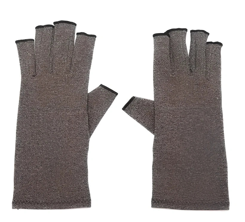 Breathable half-finger compression gloves showing exposed fingertips and adhesive grey section for joint support