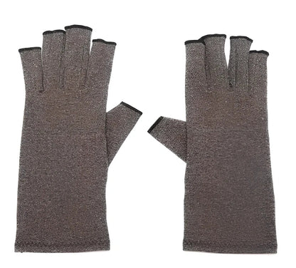 Breathable half-finger compression gloves showing exposed fingertips and adhesive grey section for joint support