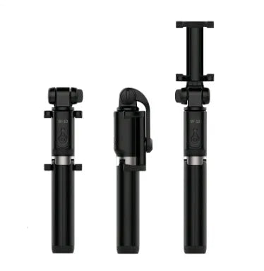 Black aluminium Bluetooth selfie stick with tripod legs extended, holding a smartphone.