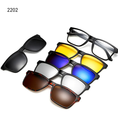Magnetic sunglasses showing closure system with resin lenses and PC frame in multiple size options