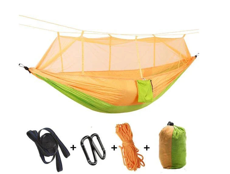 Lightweight and portable parachute hammock with mosquito net for outdoor relaxation