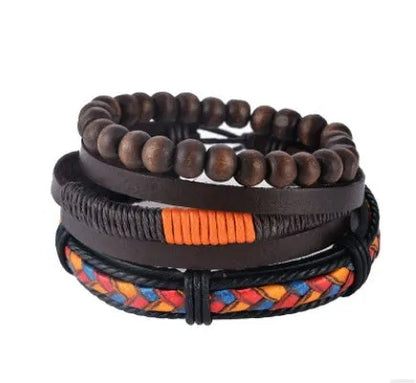 Hand-woven brown leather bracelet with wooden beads and rope detailing on a wrist.