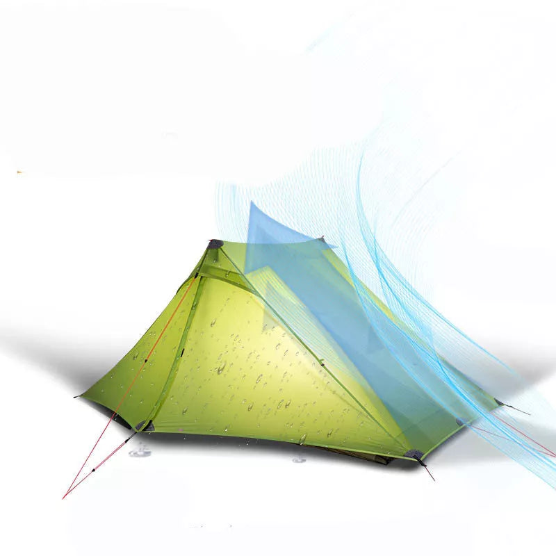 Ultra-light 20D double-sided silicon coated poleless hiking tent in grey, green, or khaki