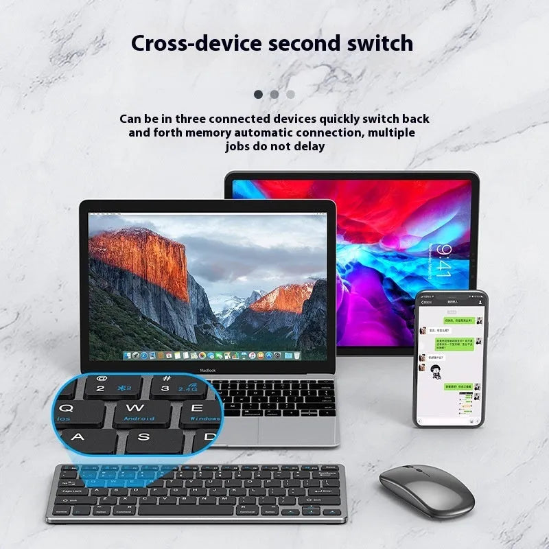 Black ultra-thin wireless keyboard and mouse combo with USB receiver and keyboard cover on a desk.
