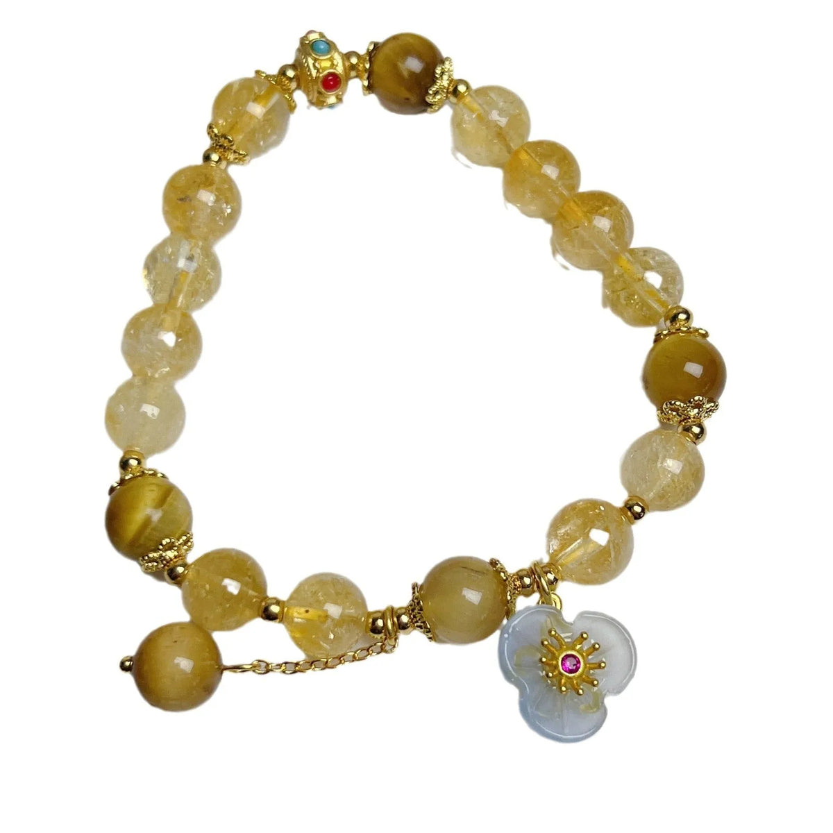 Citrine crystal bracelet with handmade flower tassel on wrist