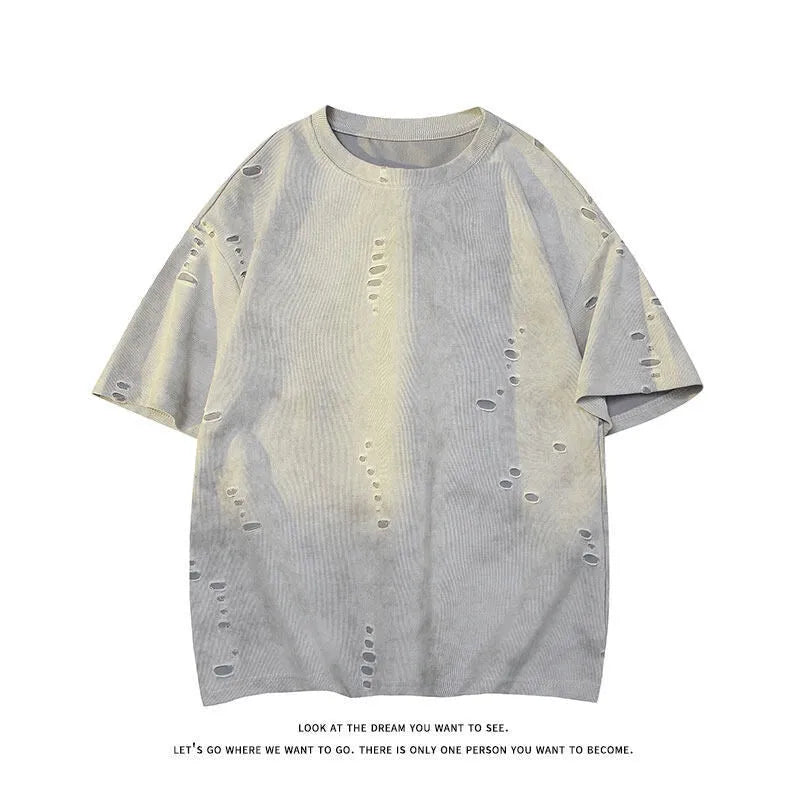 Men's blue loose fit ripped short sleeve cotton blend t-shirt on a hanger