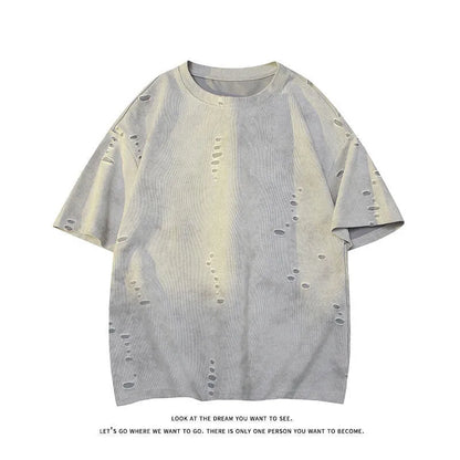 Men's blue loose fit ripped short sleeve cotton blend t-shirt on a hanger