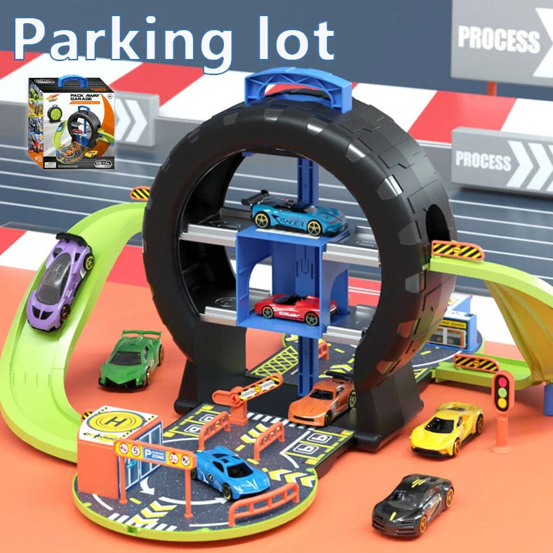 Children's tyre track parking lot toy with 28cm tracks and 33cm high parking structure for educational vehicle play