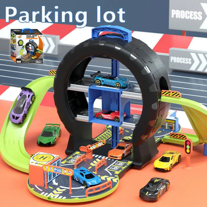 Children's tyre track parking lot toy with 28cm tracks and 33cm high parking structure for educational vehicle play
