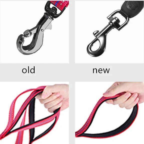 Nylon LED luminous pet collar leash in red, blue, and black with adjustable light modes