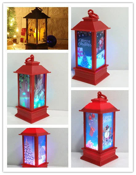 Festive LED Christmas lanterns with Santa Claus, snowman, and other holiday-themed designs