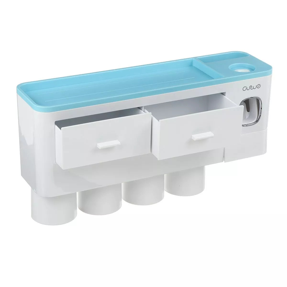 Non-marking hanging magnetic toothbrush holder with toothpaste squeezer in blue and grey