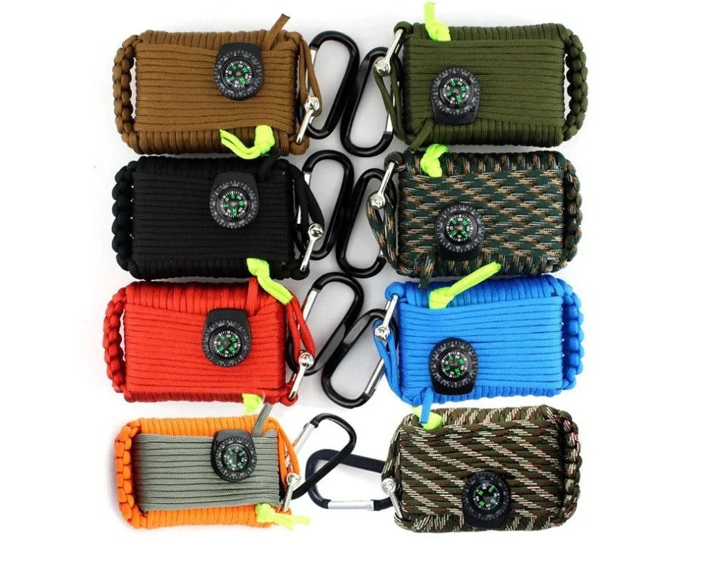 Hand-woven camping survival kit with 10.5m rope containing 25 tools including compass and medical supplies