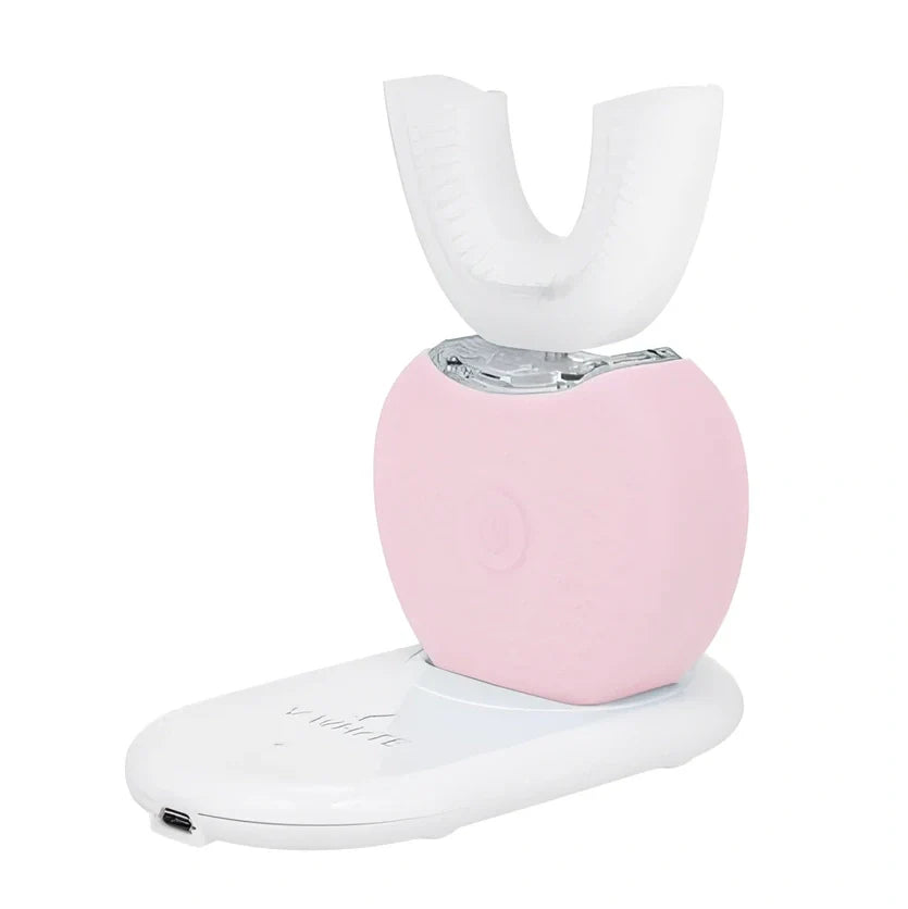 Black ultrasonic electric toothbrush with U-shaped design showing magnetic charging base and USB cable