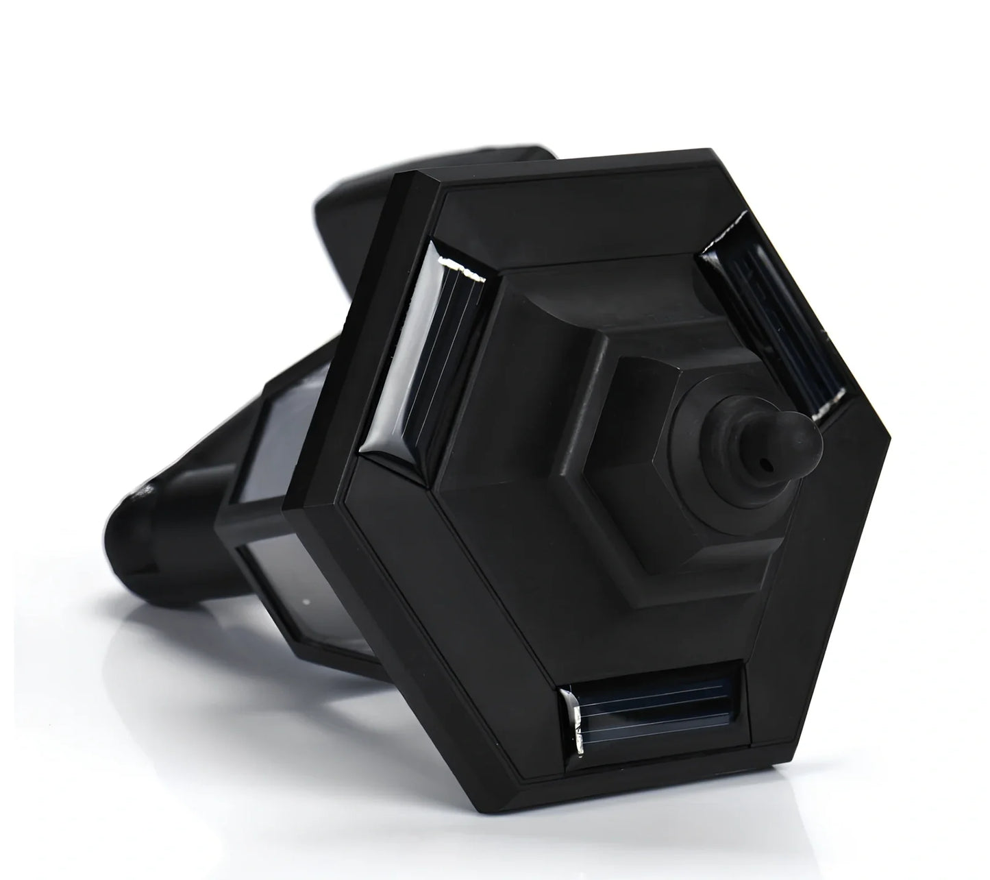 Black hexagonal solar wall lamp with monocrystal silicon panel and automatic light sensor for outdoor use