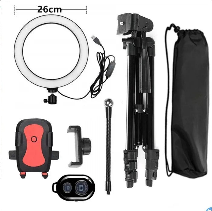 Adjustable live phone stand extended to 110cm with phone in landscape orientation on a desk