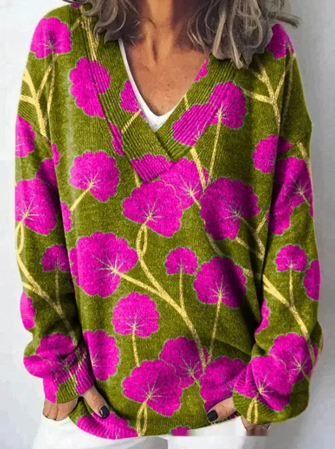 Women's V-neck long sleeve sweatshirt with a 3D floral print pattern in art retro style.